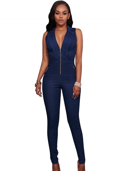 Fashion Slim Denim Sleeveless V Neck Front Zip Jumpsuit zecalaba.com