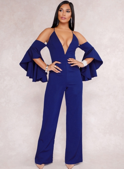 Fashion Sexy Solid Flounce Sleeve V Neck Back Zip Wide Leg Jumpsuit zecalaba.com