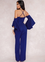 Fashion Sexy Solid Flounce Sleeve V Neck Back Zip Wide Leg Jumpsuit