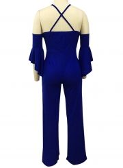 Fashion Sexy Solid Flounce Sleeve V Neck Back Zip Wide Leg Jumpsuit