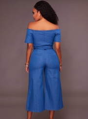 Fashion Sexy Denim Short Sleeve Off The Shoulder Lace-up Wide Leg Jumpsuit