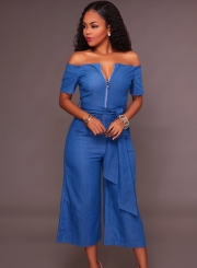 Fashion Sexy Denim Short Sleeve Off The Shoulder Lace-up Wide Leg Jumpsuit