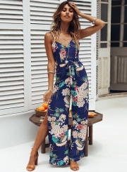 Blue Floral Printed V Neck Lace-up Slit Straight Jumpsuit For Women