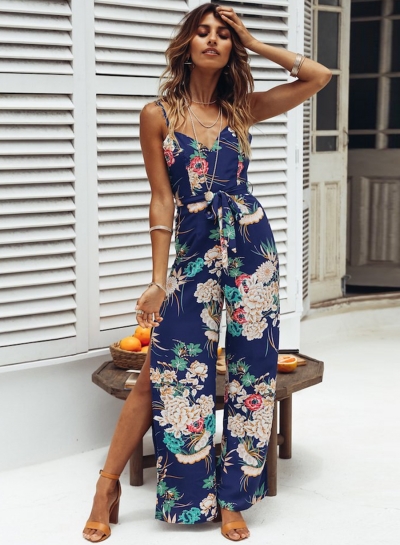 Blue Floral Printed V Neck Lace-up Slit Straight Jumpsuit For Women zecalaba.com