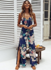 Blue Floral Printed V Neck Lace-up Slit Straight Jumpsuit For Women