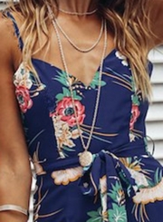 Blue Floral Printed V Neck Lace-up Slit Straight Jumpsuit For Women