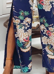 Blue Floral Printed V Neck Lace-up Slit Straight Jumpsuit For Women