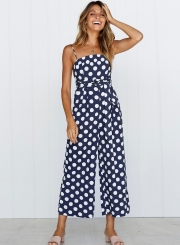 Polka Dots Spaghetti Strap Waist Tie Wide Leg Pockets Jumpsuit