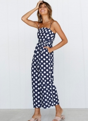 Polka Dots Spaghetti Strap Waist Tie Wide Leg Pockets Jumpsuit