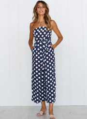 Polka Dots Spaghetti Strap Waist Tie Wide Leg Pockets Jumpsuit