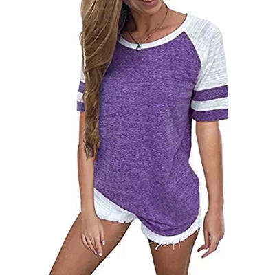 Casual Color Blocked Round Neck Short Sleeve Tee Shirt