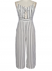 Fashion Striped Spaghetti Strap Front Lace-up High Waist Wide Leg jumpsuit