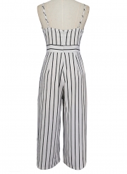 Fashion Striped Spaghetti Strap Front Lace-up High Waist Wide Leg jumpsuit