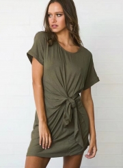 Summer Casual Solid Short Sleeve Round Neck Waist Knot Women Dress