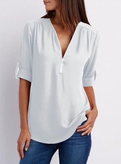 Casual Loose Chiffon Solid Long Sleeve Zip V Neck Blouse zecalaba.com