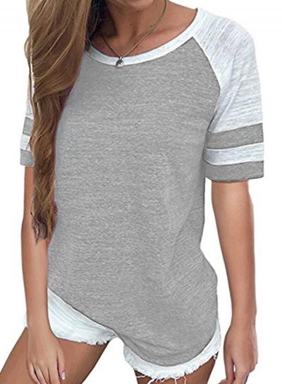 Casual Color Blocked Round Neck Short Sleeve Tee Shirt