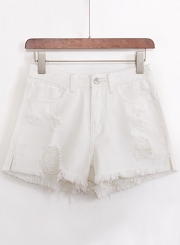 Casual White Denim High Waist Ripped Burrs Slit Wide Leg Shorts