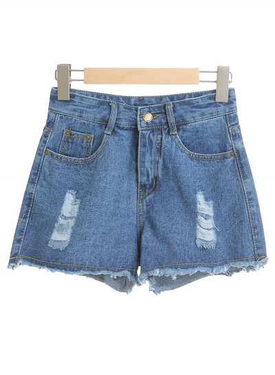 Casual Ripped Burrs Denim High Waist Wide Leg Hot Shorts With Zipper Fly