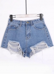 Summer Straight High Waist Fray Burrs Zipper Fly Denim Hot Shorts