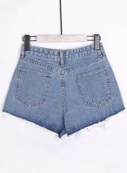 Summer Straight High Waist Fray Burrs Zipper Fly Denim Hot Shorts