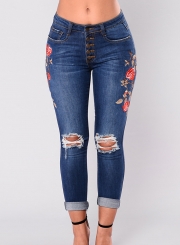 Casual Slim Ripped Embroidered Front Buttons Rolled Jeans