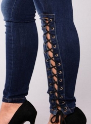 Slim High Waist Lace-up Zipper Fly Denim Pencil Pants With Pockets