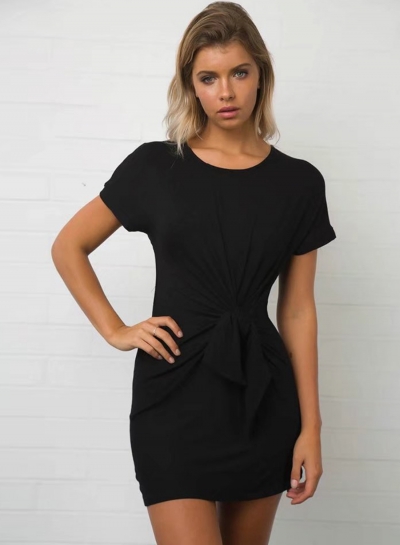 Summer Casual Solid Short Sleeve Round Neck Waist Knot Women Dress zecalaba.com