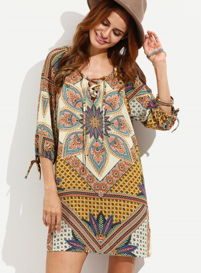 Vintage Loose Lace-Up Half Sleeve Criss Cross Neck Pullover Mini Dress zecalaba.com