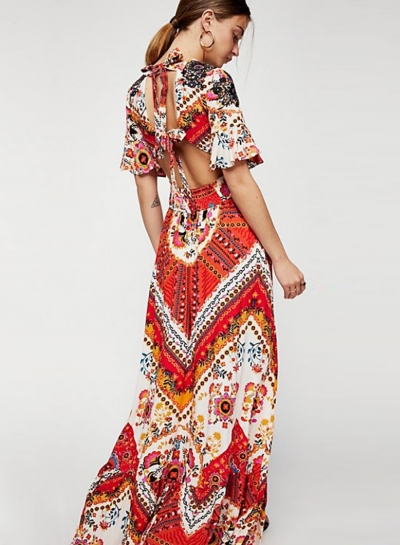 Fashion Floral printed Short Sleeve V Neck Lace-Up Backless Maxi Dress zecalaba.com