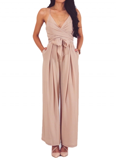 Apricot Wrap and Tie Sexy Open Back Jumpsuit zecalaba.com