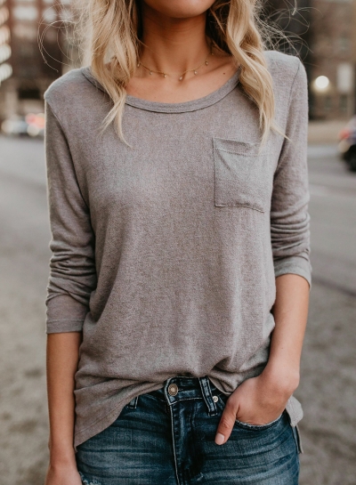 Casual Concise Loose Grey Long Sleeve Round Neck Pullover Tee zecalaba.com