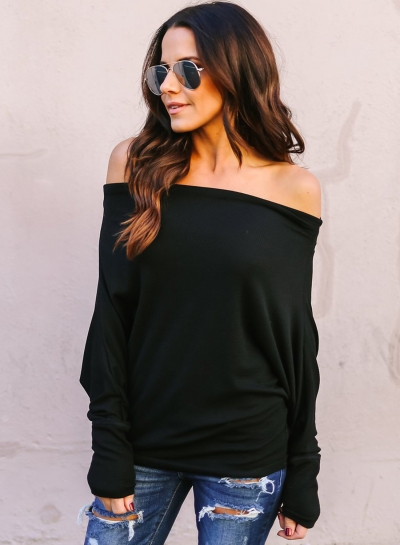 Sexy Solid Slash Neck Off The Shoulder Long Sleeve Pullover Tee zecalaba.com