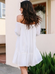 Summer Loose Solid Lantern Sleeve Lace-Up Slash Neck Ruffle Hem Dress