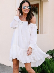 Summer Loose Solid Lantern Sleeve Lace-Up Slash Neck Ruffle Hem Dress