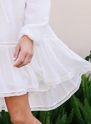 Summer Loose Solid Lantern Sleeve Lace-Up Slash Neck Ruffle Hem Dress