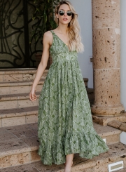 Leaf Printed Sleeveless Backless V Neck High Waist Swing Maxi Dress