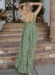 Leaf Printed Sleeveless Backless V Neck High Waist Swing Maxi Dress