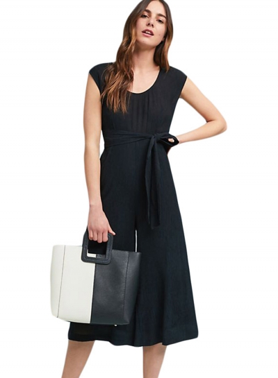 Black Calf Length Wide Leg Jumpsuit with Sash