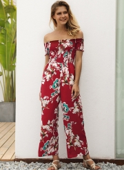 Fashion Floral Off The Shoulder Short Sleeve High Waist Wide Leg Jumpsuit