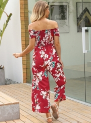 Fashion Floral Off The Shoulder Short Sleeve High Waist Wide Leg Jumpsuit