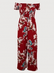 Fashion Floral Off The Shoulder Short Sleeve High Waist Wide Leg Jumpsuit