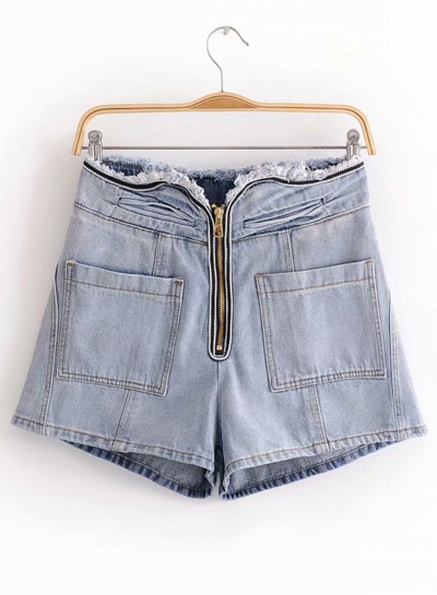 Casual Solid High Waist Zipper Fly Wide leg Denim Shorts With Pockets