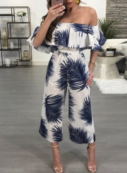 Summer Sexy Leaf Printed Ruffle Slash Neck High Waist Wide Leg Jumpsuit