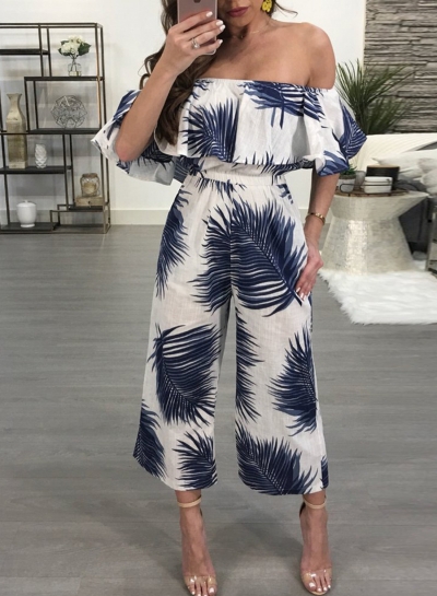 Summer Sexy Leaf Printed Ruffle Slash Neck High Waist Wide Leg Jumpsuit zecalaba.com