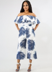 Summer Sexy Leaf Printed Ruffle Slash Neck High Waist Wide Leg Jumpsuit