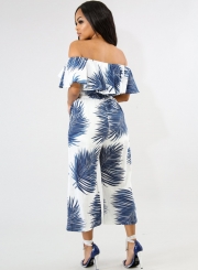 Summer Sexy Leaf Printed Ruffle Slash Neck High Waist Wide Leg Jumpsuit