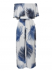 Summer Sexy Leaf Printed Ruffle Slash Neck High Waist Wide Leg Jumpsuit