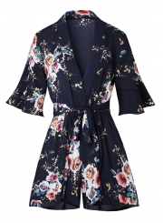 Fashion Casual Floral Printed Half Sleeve V Neck Waist Tie Straight Romper