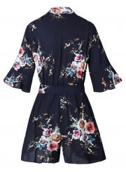 Fashion Casual Floral Printed Half Sleeve V Neck Waist Tie Straight Romper