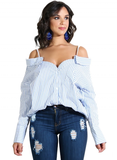 Sexy Loose Striped Strappy Off The Shoulder Long Sleeve Button Down Shirt zecalaba.com